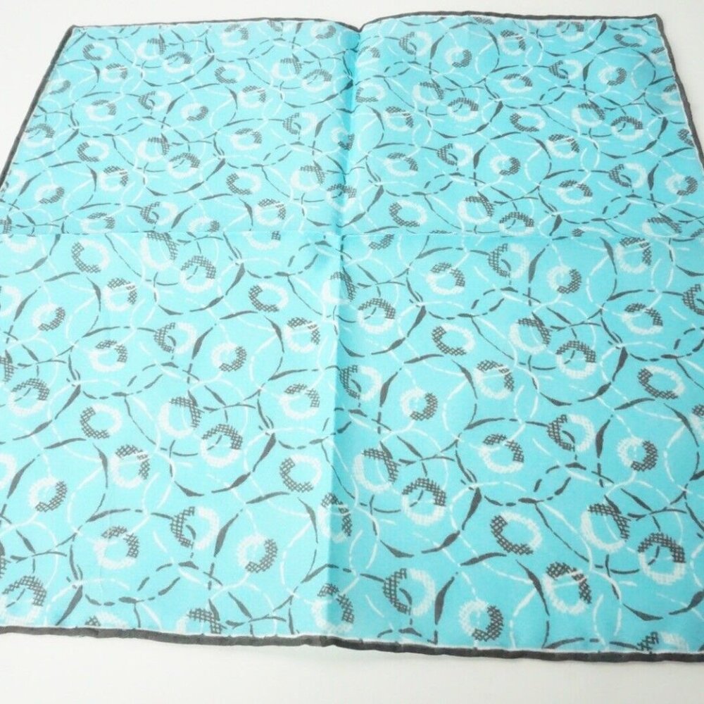 Isaia Sky Blue Charcoal Geometric Border Cotton Pocket Square Italy New